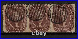 USA #30a Very Fine Used Strip Of Three With Ideal Black Grid Cancels