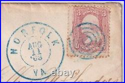 USA Stamps/ Cover- 1863 George Washington 3C- Norfolk blue bullseye clear Cancel