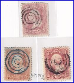 USA stamps 1861 George Washington 3C (x3 tones) Cancel Study Bullseye 1 blue