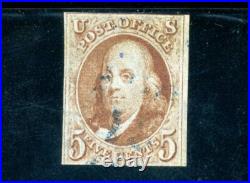 USAstamps Used VF US 1847 Franklin 1st Stamp Sct 1d With Blue Cancel USAstamps Used VF US 1847 Franklin 1st Stamp Sct 1d With Blue Cancel
