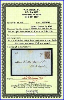 USAstamps Used VF US 1847 Franklin Stamp Scott 1 On a Folded Outer Letter +Cert