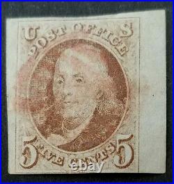Us Scott #1 1847 5 Cent Franklin Used Vf Sound Lt Red CXL Sheet Margin