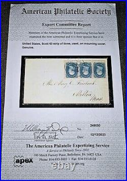 Us Stamp Cover Strip Of 3 B. Franklin Sc#63 To Milton Mass With Apex Cert