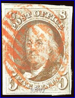 Used US Scott #1 1847 5c Stamp 4 Large Margins Red Grid Cancel