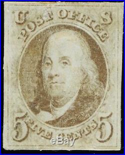 Used US Scott #1 Dark Brown 1847 5c Stamp 4 Large Margins Light Cancel
