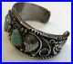 VINTAGE NAVAJO INDIAN SILVER & TURQUOISE CUFF BRACELET with LEAVES stamped SY