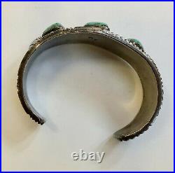 VINTAGE NAVAJO INDIAN SILVER & TURQUOISE CUFF BRACELET with LEAVES stamped SY