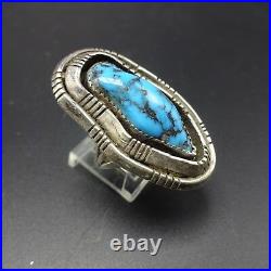 Vintage NAVAJO Hand-Stamped Shadowbox Sterling Silver TURQUOISE RING size 8.75