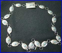 Vintage Navajo Indian Stamped Sterling Silver Concho Belt With Turquoise Stones