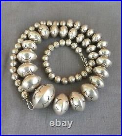 Vintage Sterling Silver Native American Signed Large Stamped Bead Necklace 22 +
