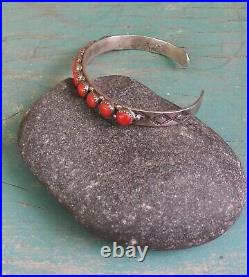 Vintage Sterling Silver Stamped Native American Coral Row Cuff Bracelet