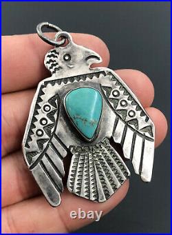 Vtg Fred Harvey Era Navajo Stamped Sterling Silver Turquoise THUNDERBIRD Pendant