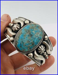 Vtg Navajo Blue Gem Kingman Turquoise Sterling Silver Stamped Cuff Bracelet