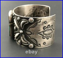 Vtg Navajo High Grade Blue Gem Turquoise Sterling Silver Stamped Cuff Bracelet