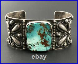 Vtg Navajo High Grade Blue Gem Turquoise Sterling Silver Stamped Cuff Bracelet