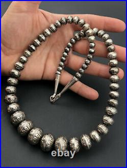 Vtg Navajo Sterling Silver Stamped Pearl Bench Bead Graduated Necklace 25 95.8g
