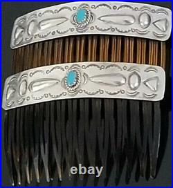 Vtg Navajo Turquoise Hair Comb Pair Sterling Silver Stamped Decorated
