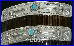 Vtg Navajo Turquoise Hair Comb Pair Sterling Silver Stamped Decorated